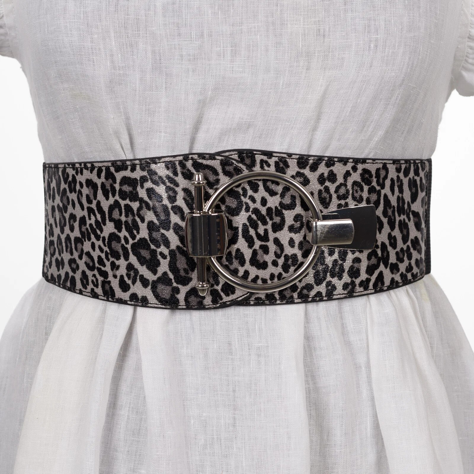 Shopika Curea elastica neagra din piele ecologica gri cu animal print si catarama ovala argintie