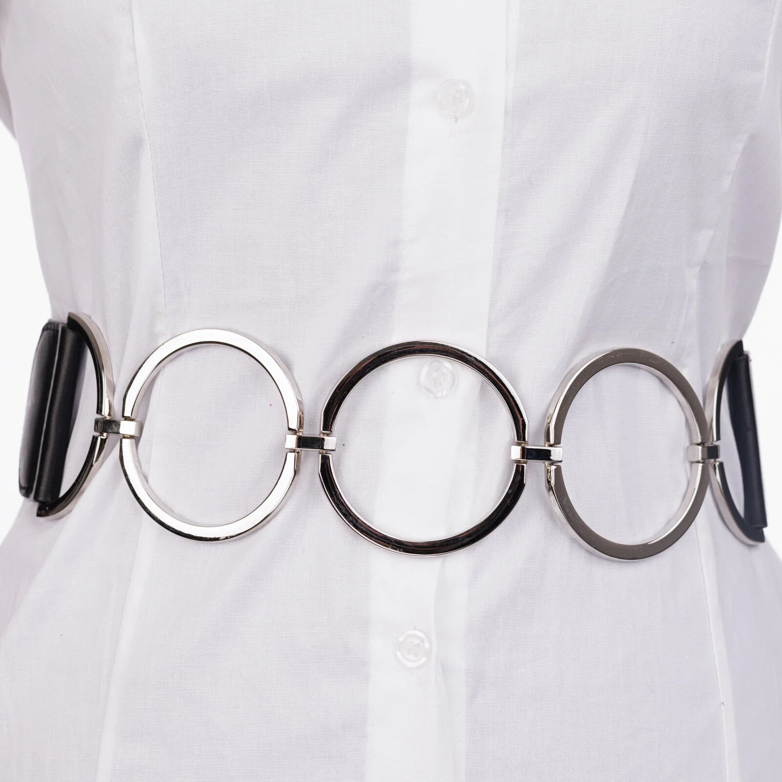 Shopika Curea flexibila cu 3 cercuri metalice argintii de 7 cm cu material elastic negru la spate