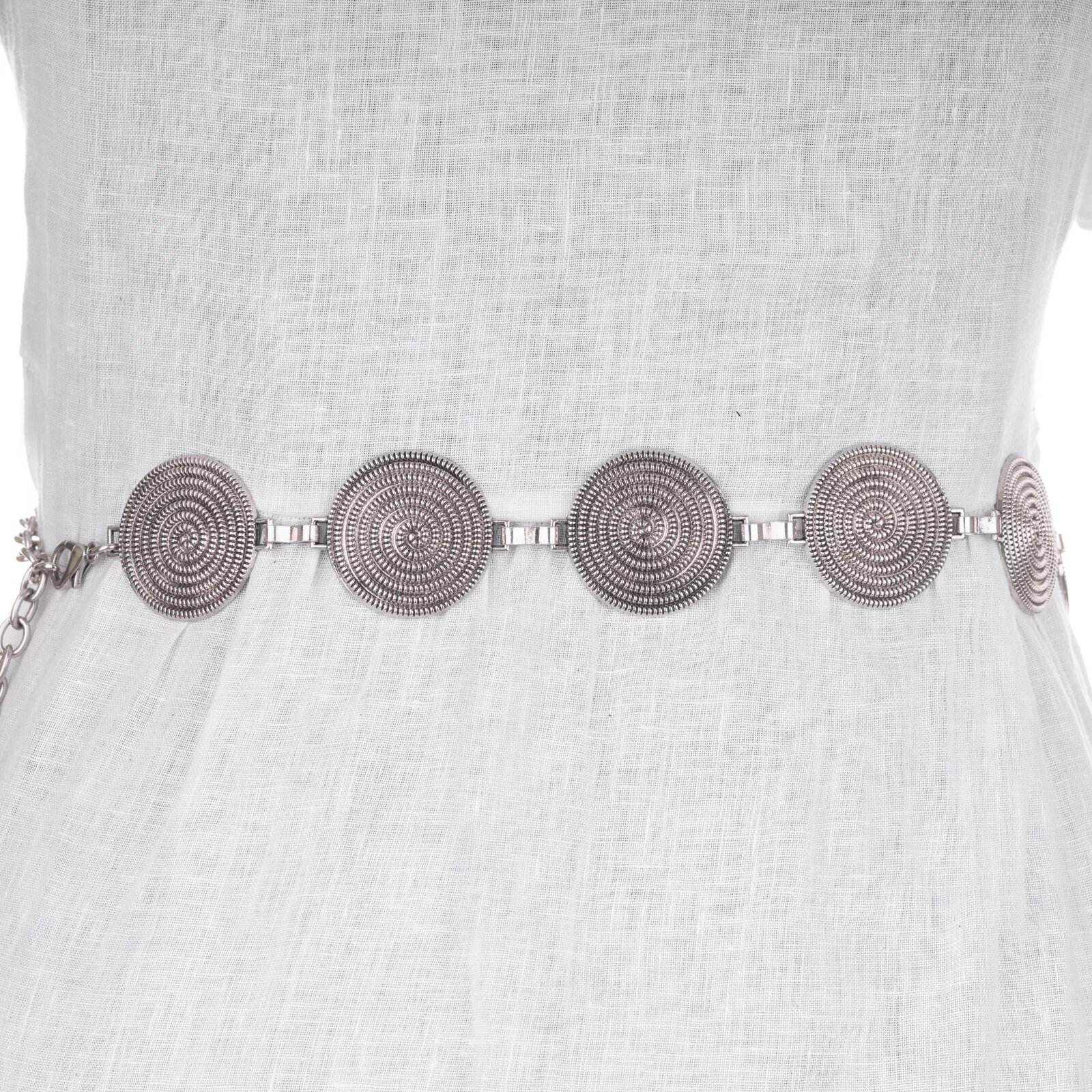 Shopika Curea flexibila cu cercuri metalice argintii de 4 cm cu lant metalic prelungitor