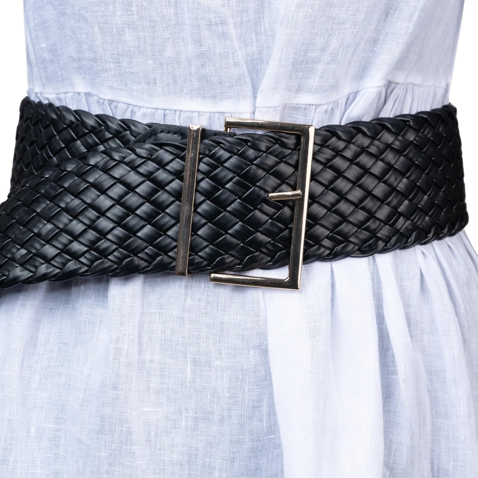 Shopika Curea impletita neagra de 7 cm din piele ecologica cu catarama metalica aurie dreptunghiulara