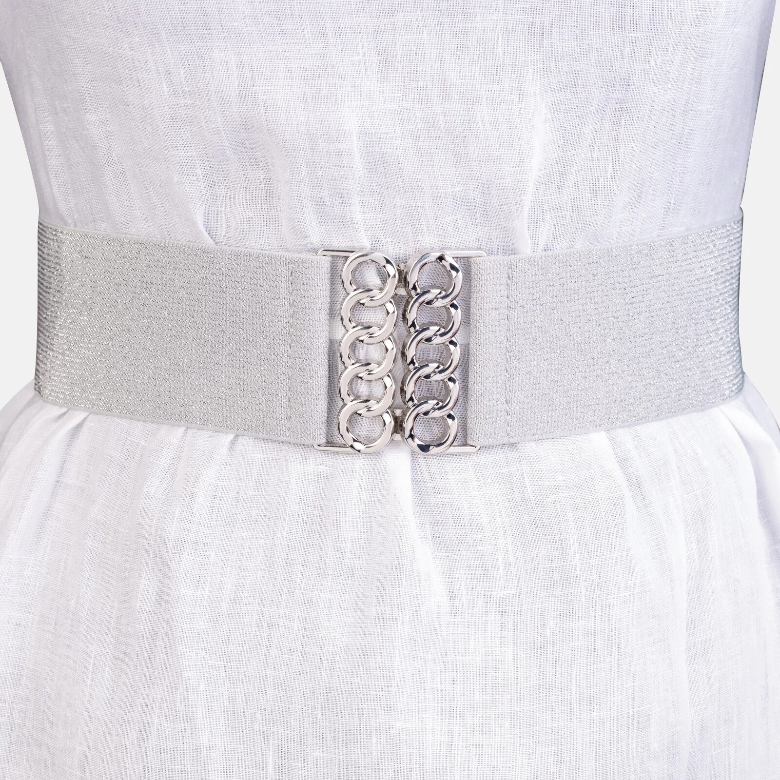 Shopika Curea lata argintie cu tesatura de lurex de 6 cm din material elastic cu catarama argintie