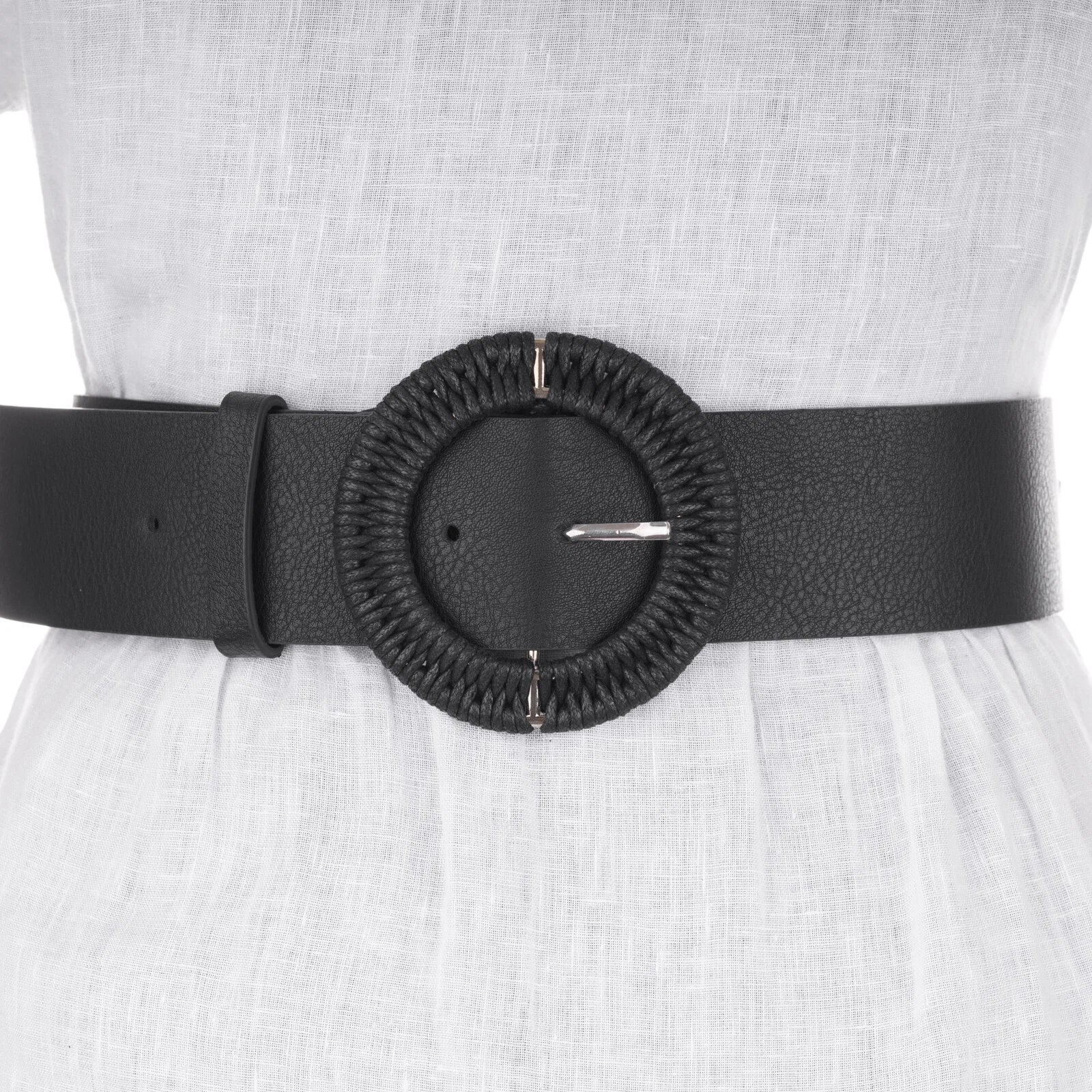 Shopika Curea lata neagra de 5 cm din piele ecologica cu catarama metalica argintie imbracata in impletitur