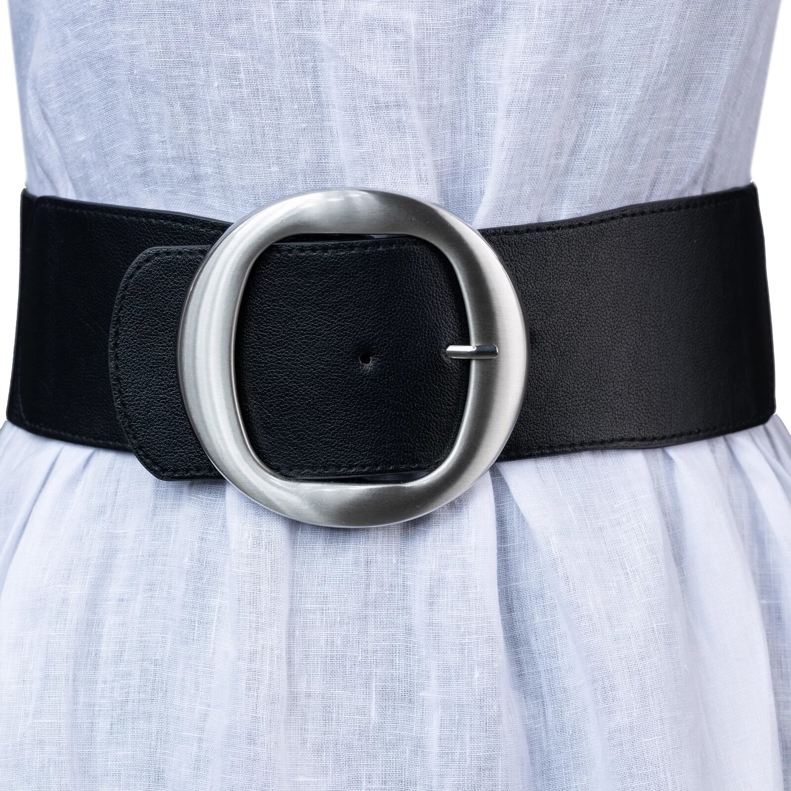 Shopika Curea lata neagra de 7.5 cm din material elastic cu catarama metalica argintie rotunda