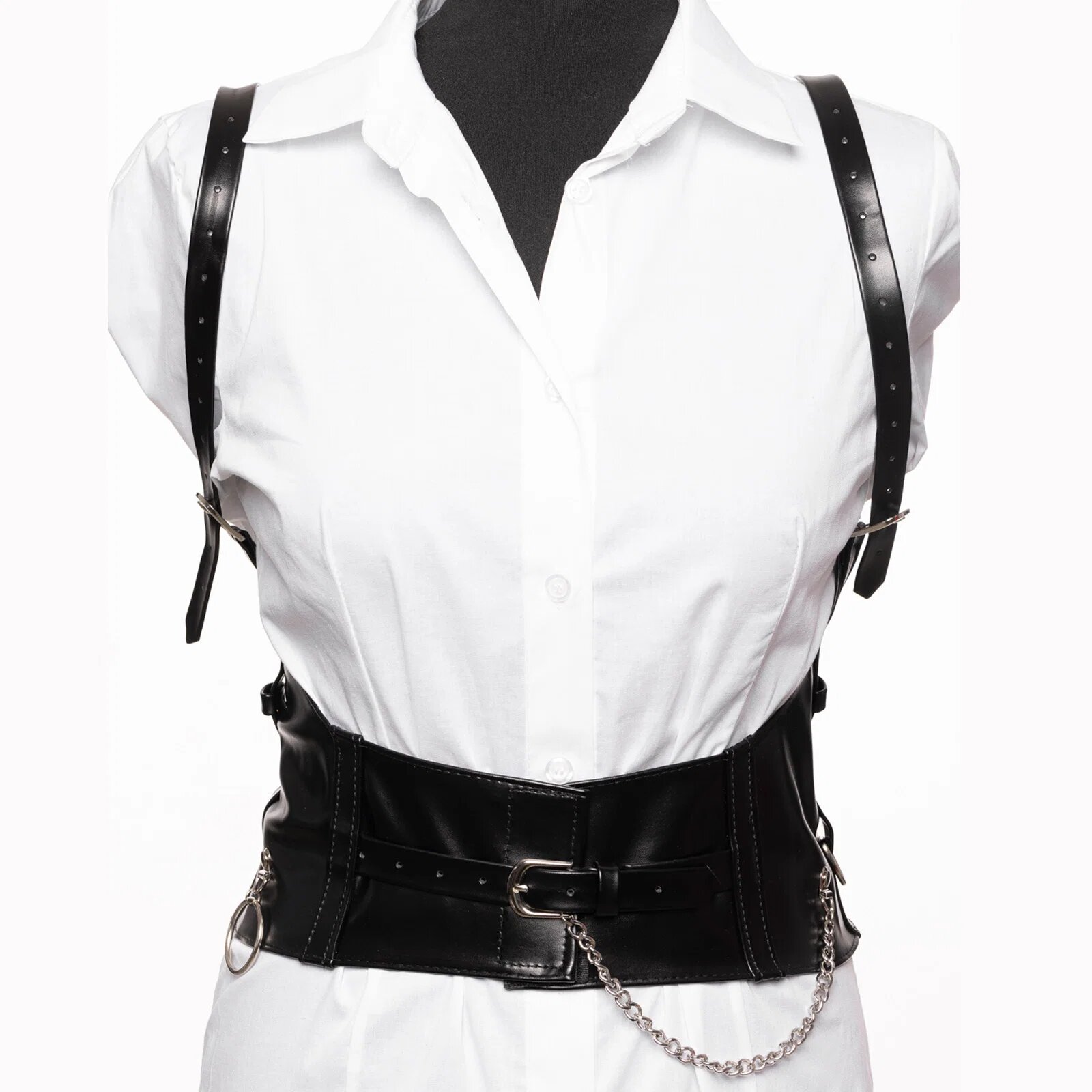 Shopika Curea neagra cu catarama argintie cu lant si bretele din imitatie piele