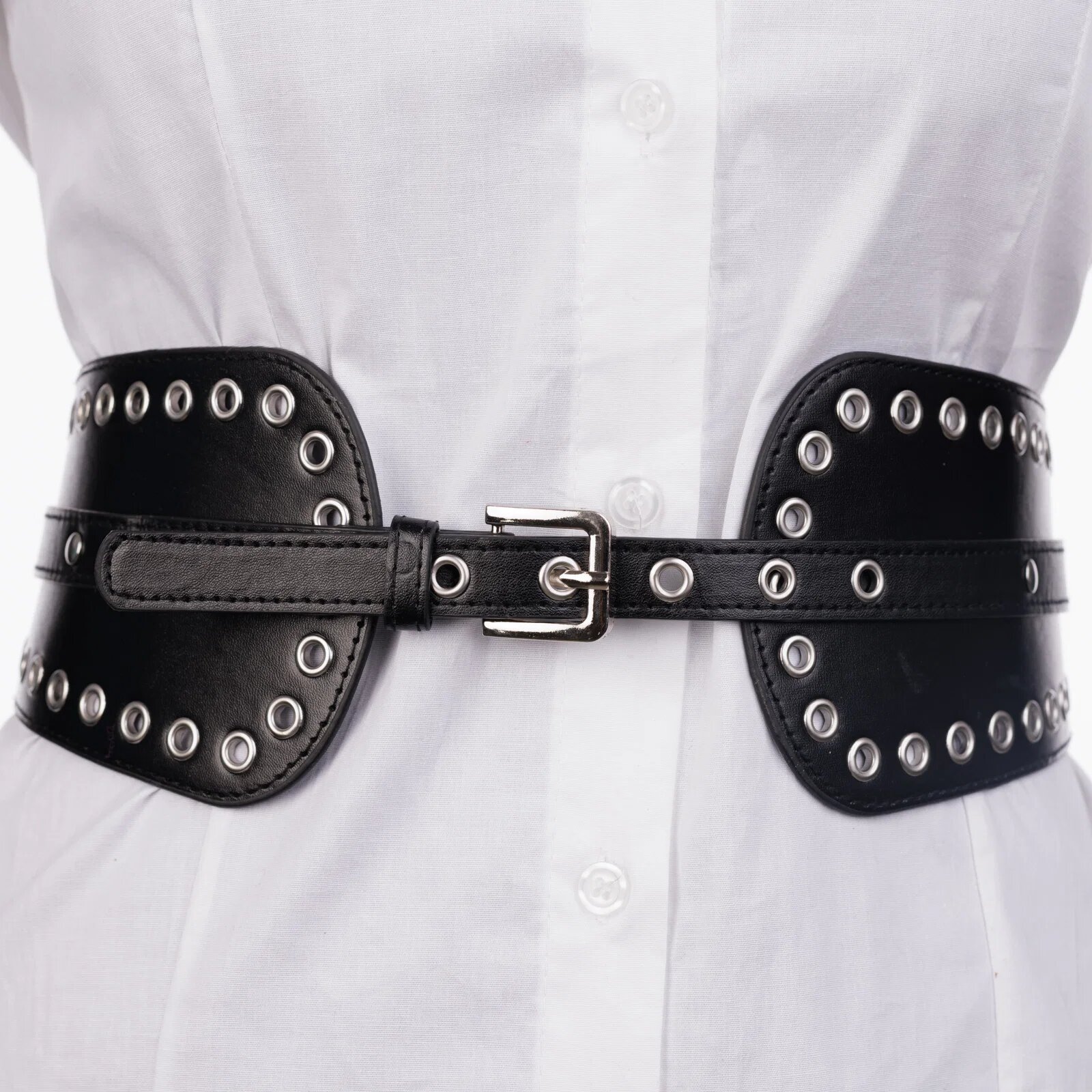 Shopika Curea neagra din piele ecologica cu catarama si capse metalice argintii cu elastic la spate
