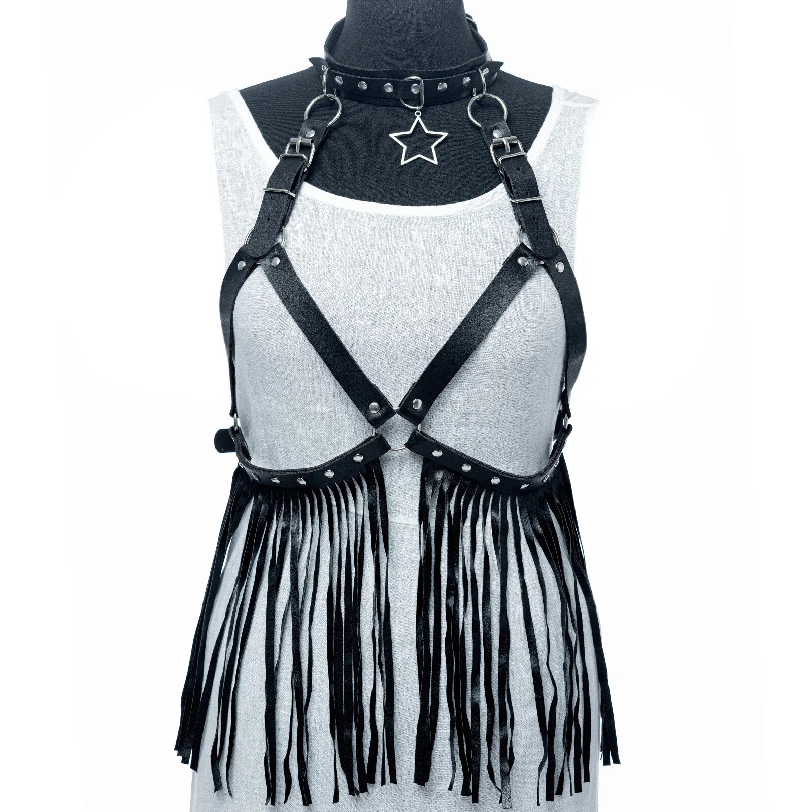 Shopika Curea neagra fantezista cu catarame argintii si bretele din imitatie piele cu franjuri lungi