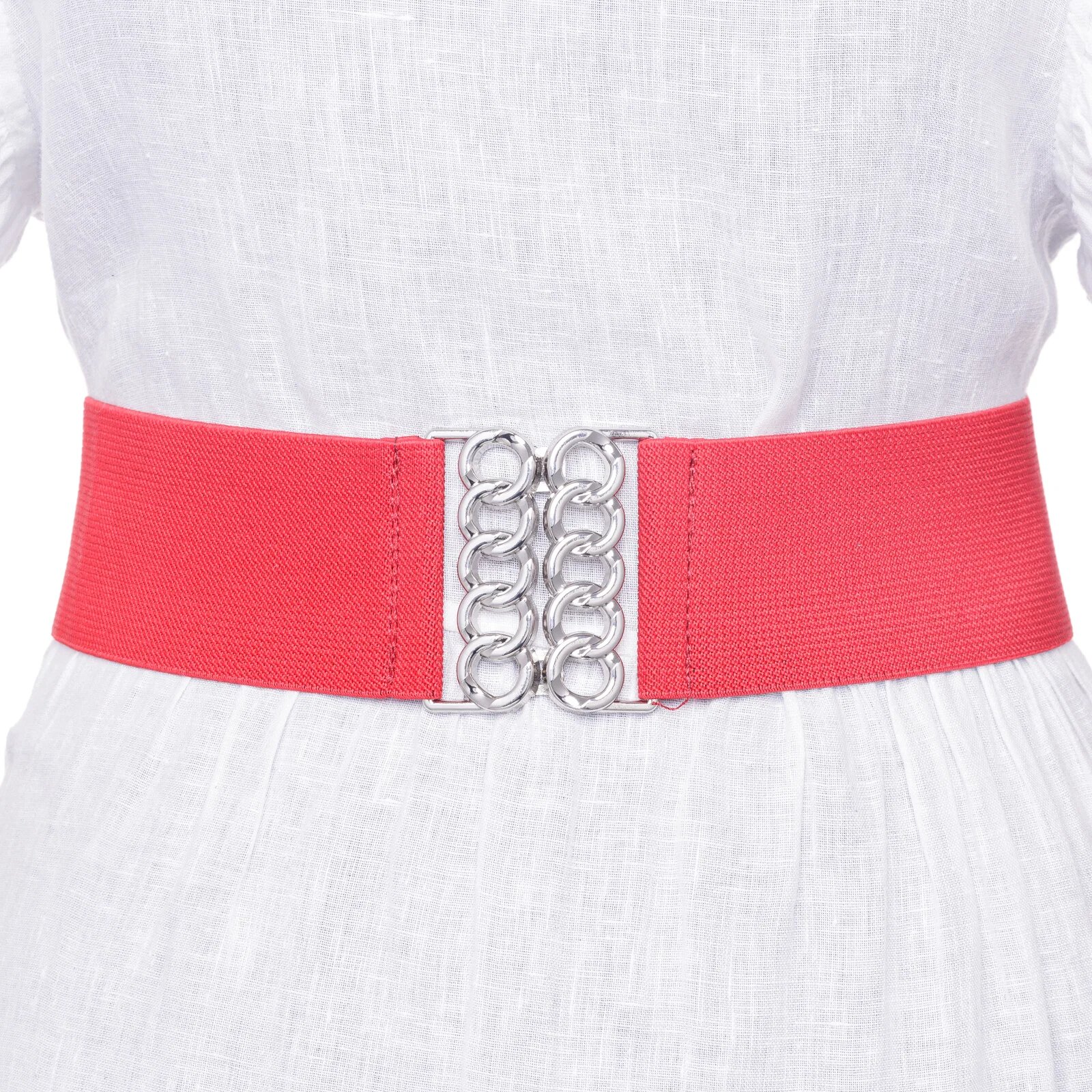 Shopika Curea rosie de 6 cm din material elastic cu catarama argintie in forma de opturi