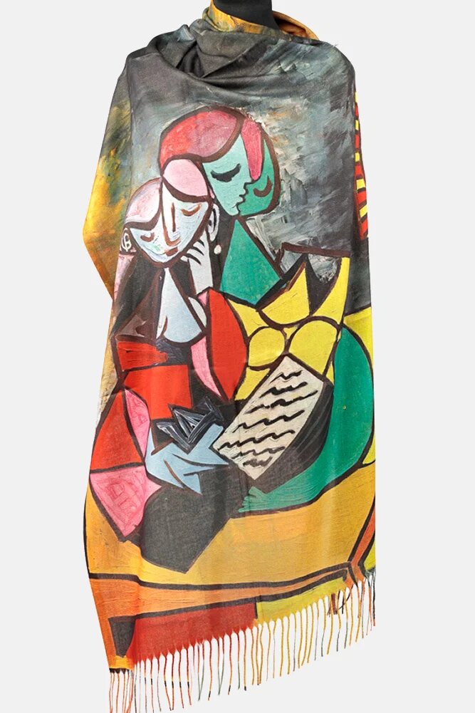 Shopika Esarfa cashmere cu doua fete imprimata cu model inspirat a Two girls reading a lui Picasso