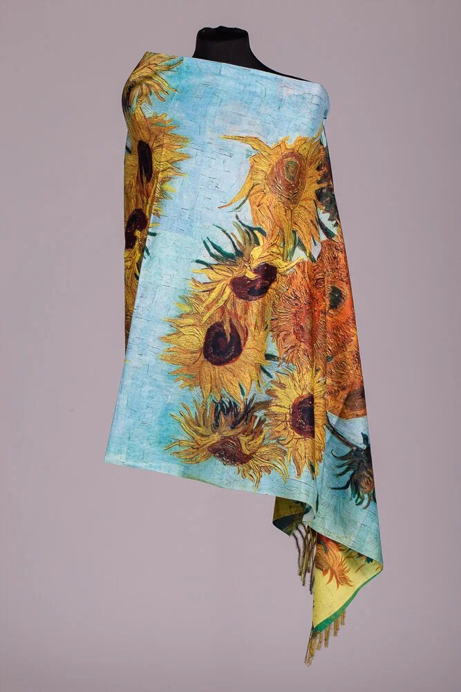 Shopika Esarfa cashmere cu doua fete imprimata cu model inspirat dupa Floarea Soarelui de Van Gogh