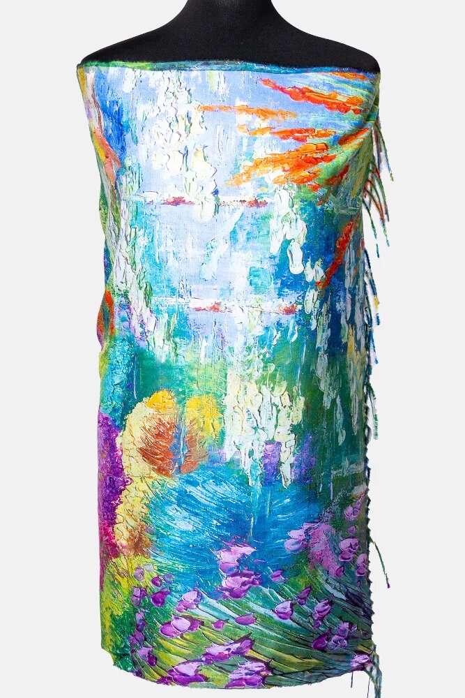 Shopika Esarfa cashmere cu doua fete imprimata cu un peisaj campenesc cu gradini inflorite