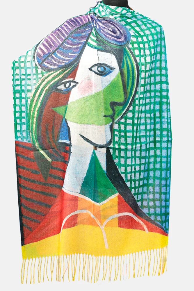 Shopika Esarfa cashmere cu fir de lurex doua fete imprimata cu model inspirat suprarealistdupa Picasso