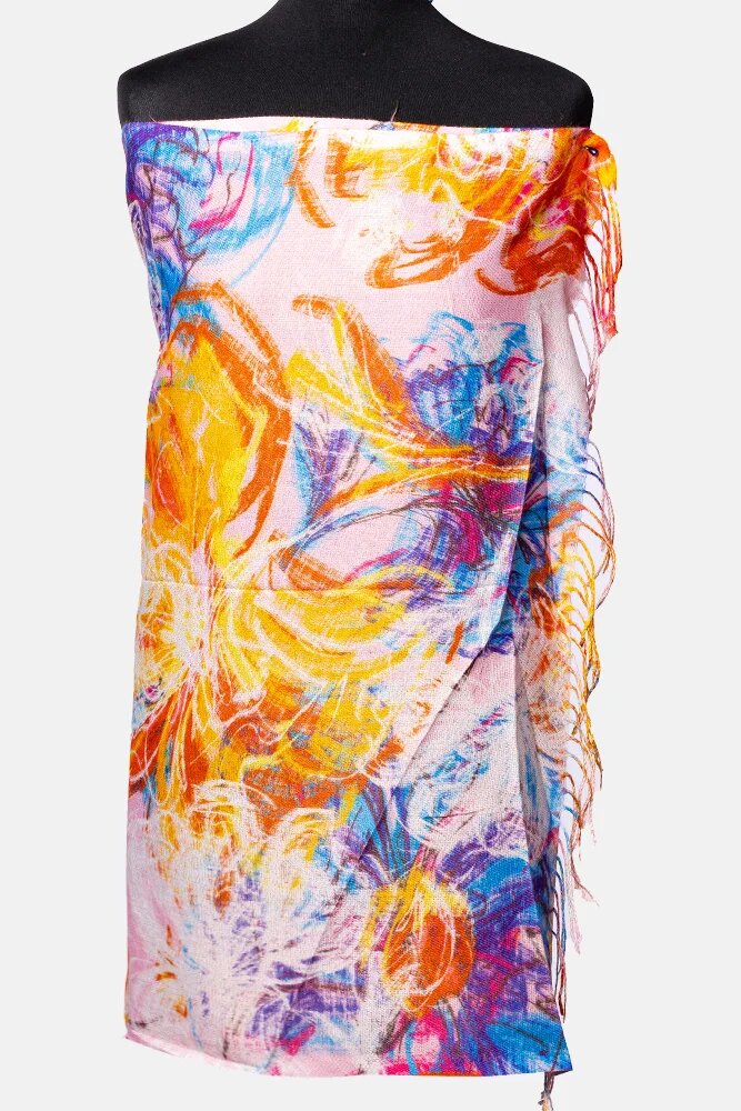 Shopika Esarfa cashmere cu fir din lurex flori stilizate pe fond roz deschis