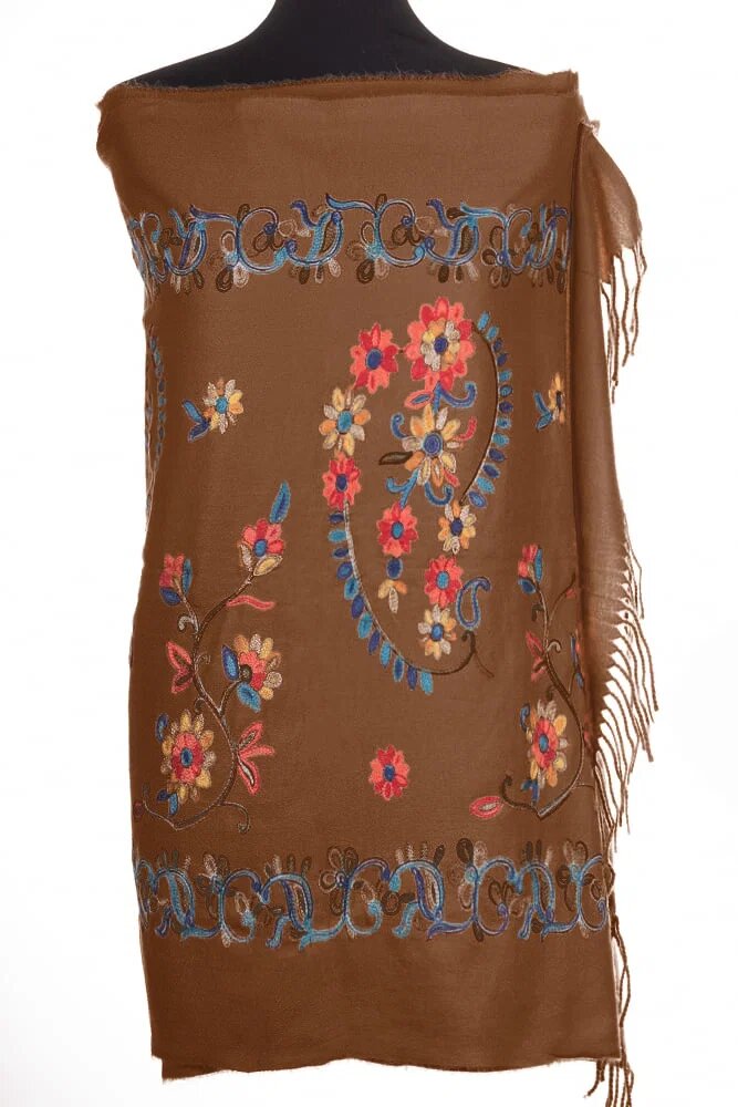 Shopika Esarfa cashmere cu model floral brodat pe fond maro