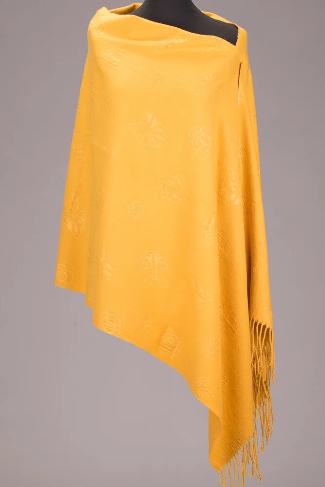 Shopika Esarfa cashmere dreptunghiulara mustar cu modele embosate