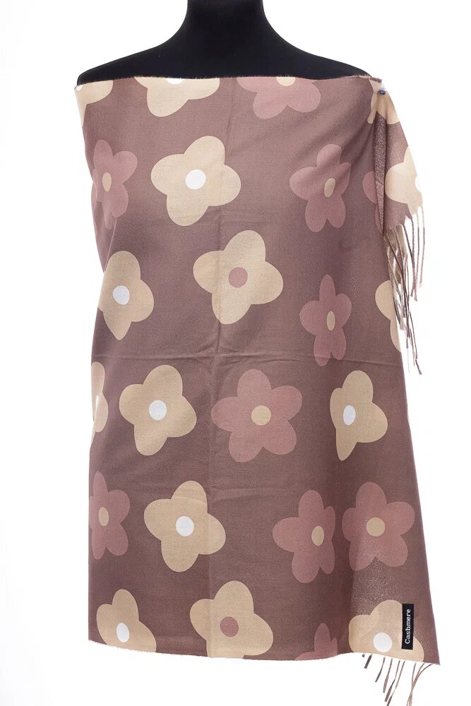 Shopika Esarfa casmir cu flori bej pe fond camel