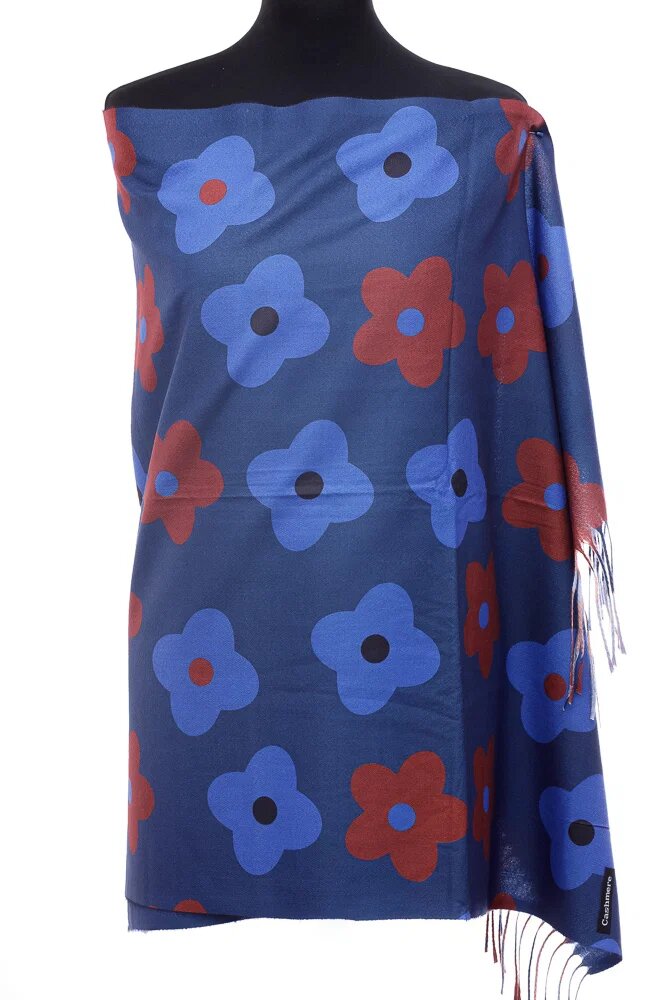 Shopika Esarfa casmir cu flori bordo si albstre pe fond bleumarin