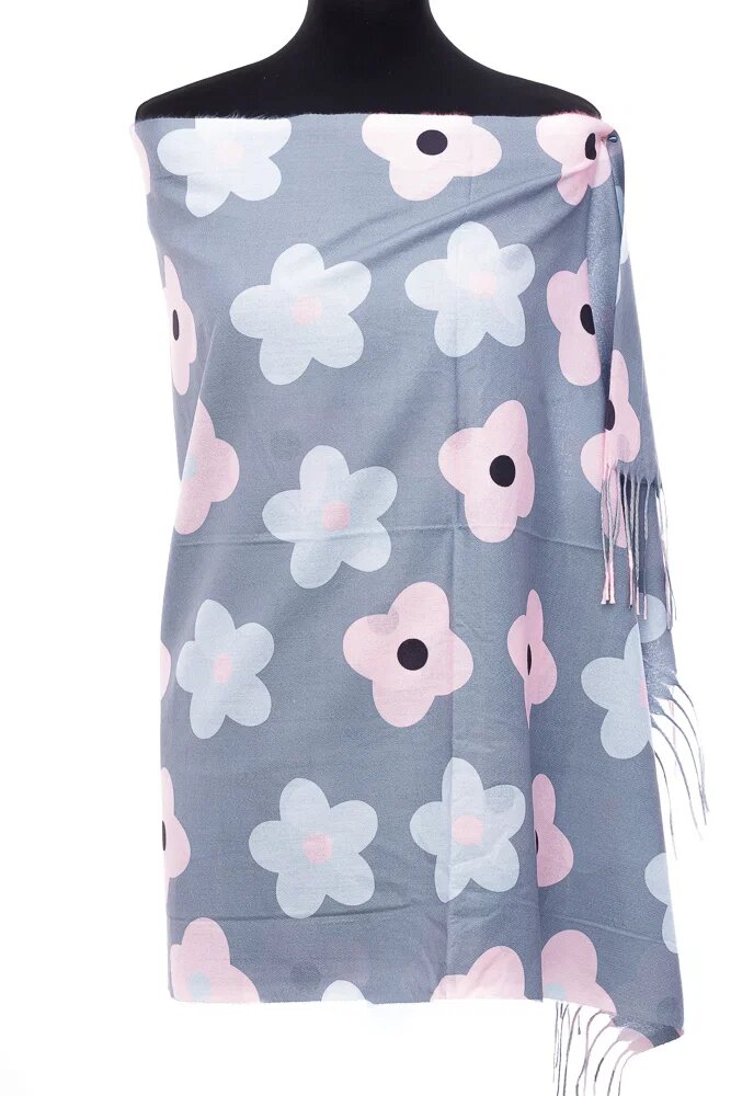 Shopika Esarfa casmir cu flori roz si bleu pe fond gri deschis