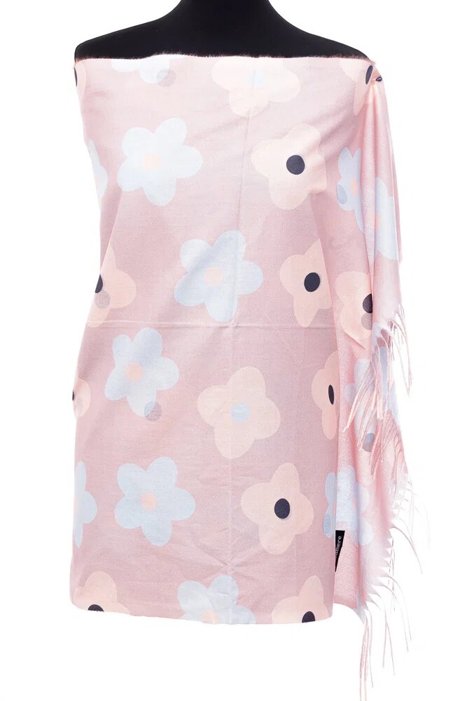 Shopika Esarfa casmir cu flori roz si bleu pe fond roz deschis