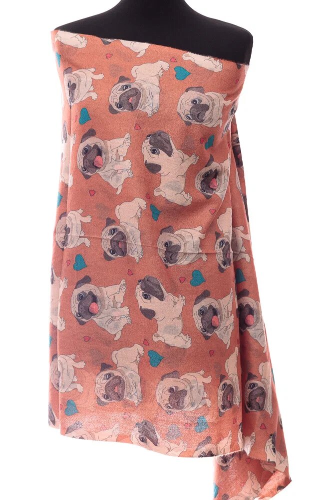 Shopika Esarfa casmir cu imprimeu catei pug pe fond caramiziu