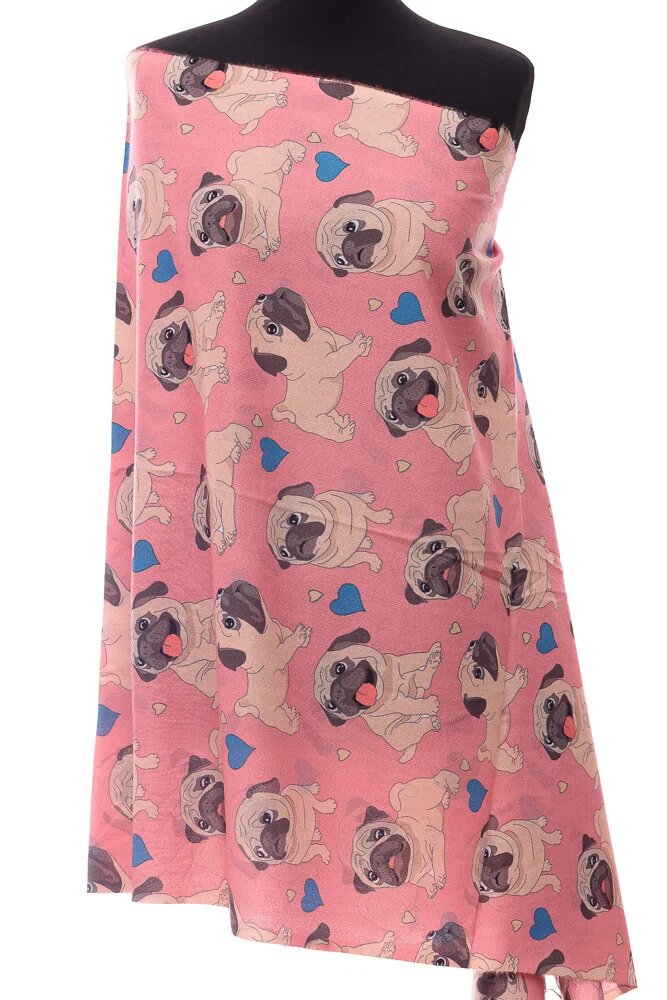 Shopika Esarfa casmir cu imprimeu catei pug pe fond roz