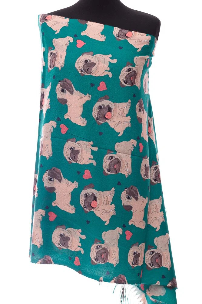 Shopika Esarfa casmir cu imprimeu catei pug pe fond verde smarald