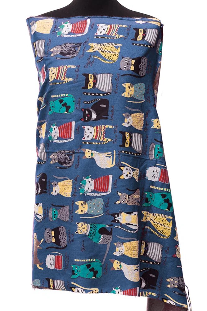 Shopika Esarfa casmir cu imprimeu pisicute cochete pe fond albastru jeans