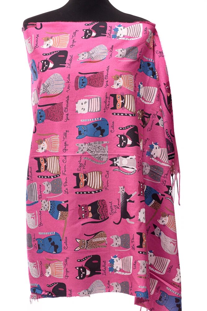 Shopika Esarfa casmir cu imprimeu pisicute cochete pe fond fucsia