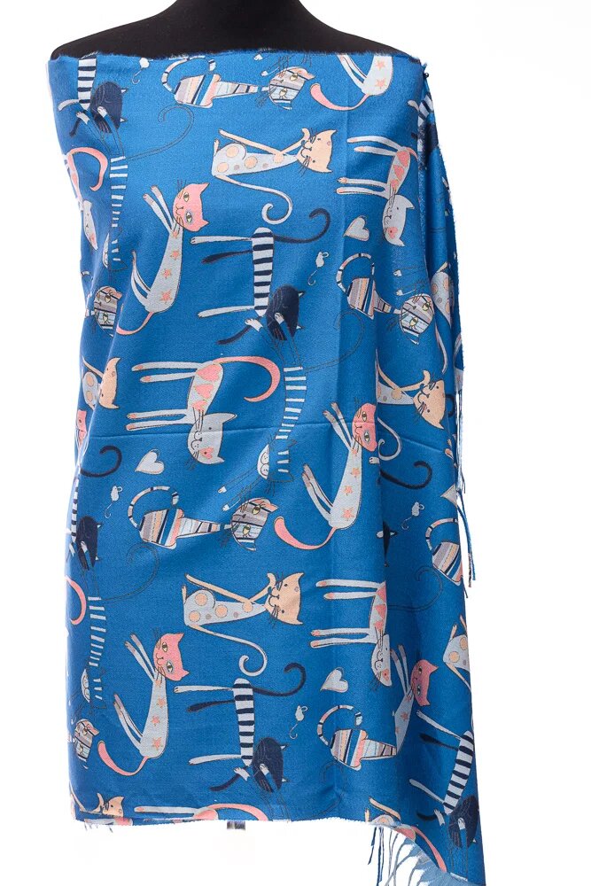 Shopika Esarfa casmir cu imprimeu pisicute si inimioare pe fond albastru