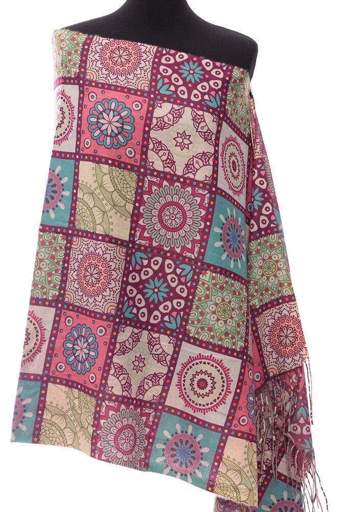 Shopika Esarfa casmir dreptunghiulara cu patrate modele marocane in nuante bordo
