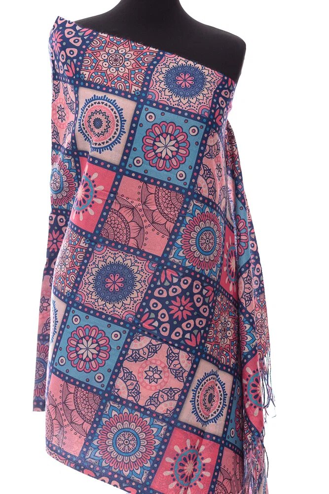 Shopika Esarfa casmir dreptunghiulara cu patrate modele marocane in nuante de albastru-fucsia