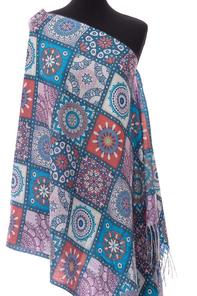 Shopika Esarfa casmir dreptunghiulara cu patrate modele marocane in nuante turcoaz