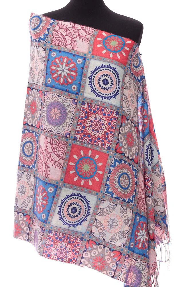 Shopika Esarfa casmir dreptunghiulara cu patrate modele marocane predominant rosu
