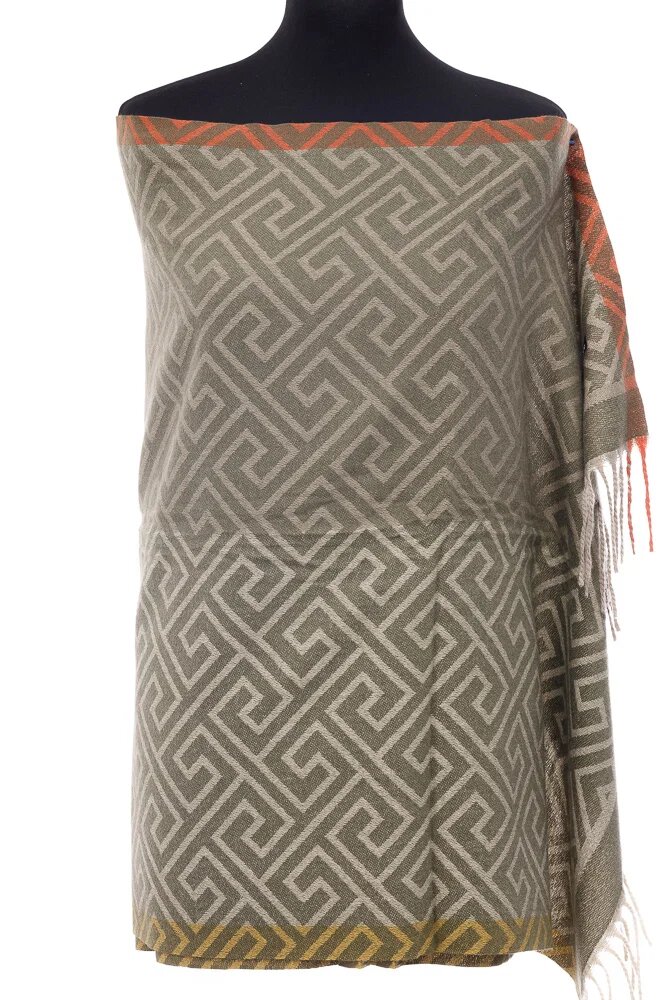 Shopika Esarfa casmir unisex cu imprimeu geometric pe fond verde kaki