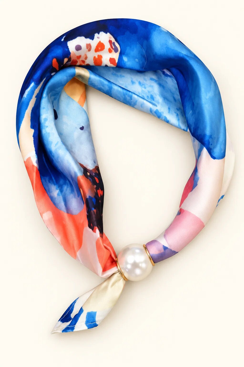 Shopika Esarfa colier satinata cu perla decorativa si inchidere magnetica imprimeu acuarela multicolora