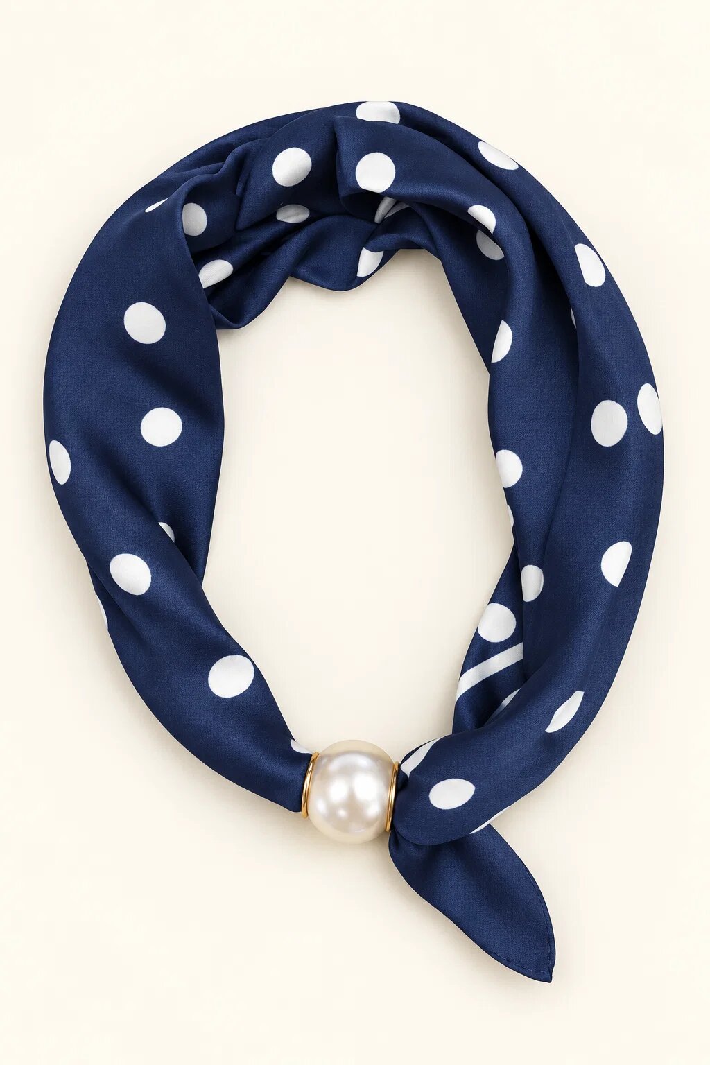 Shopika Esarfa colier satinata cu perla decorativa si inchidere magnetica imprimeu buline albe pe fond bleu