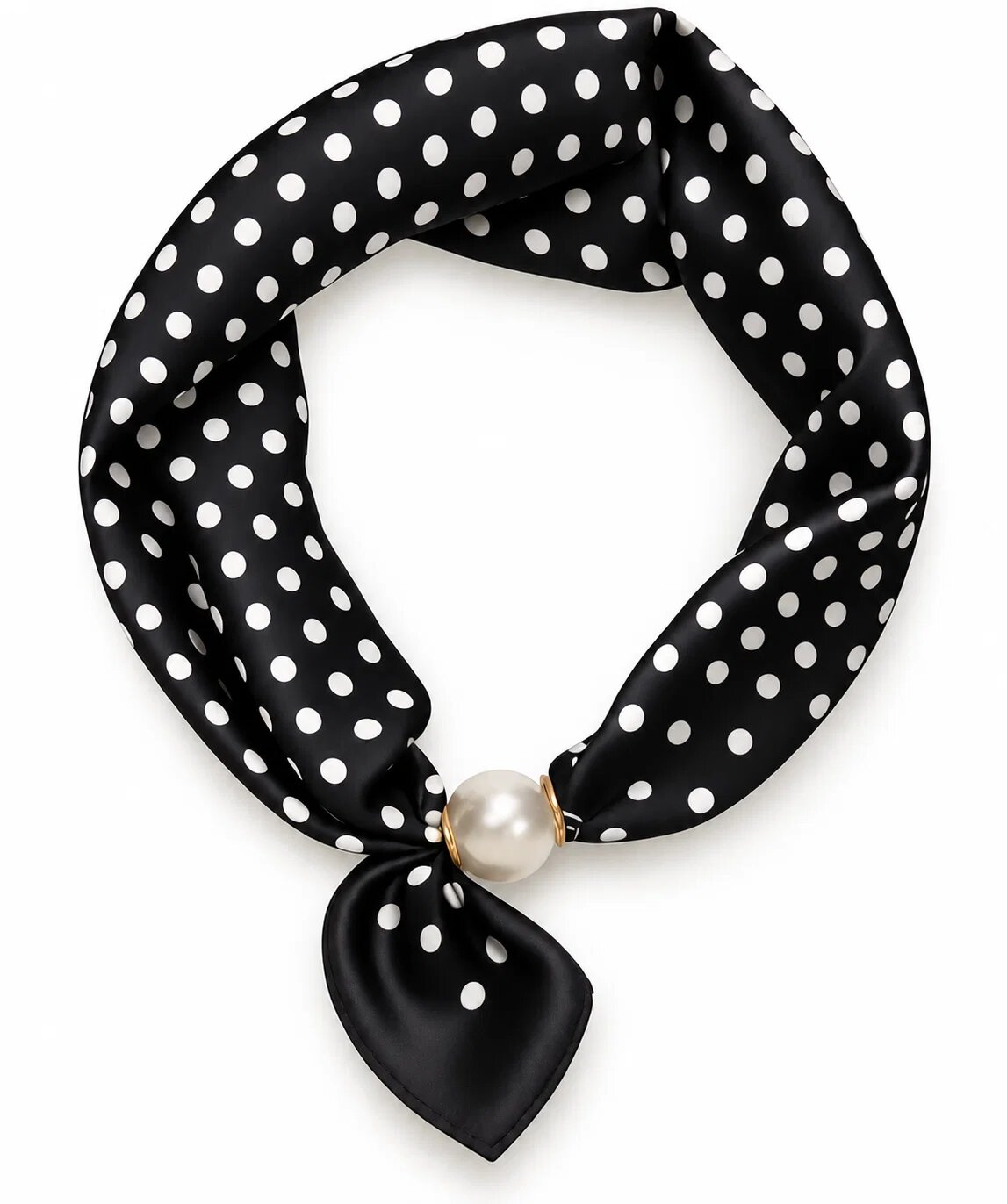 Shopika Esarfa colier satinata cu perla decorativa si inchidere magnetica imprimeu buline pe fond negru