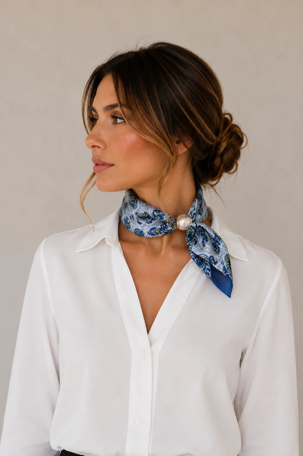 Shopika Esarfa colier satinata cu perla decorativa si inchidere magnetica imprimeu floral alb cu albastru