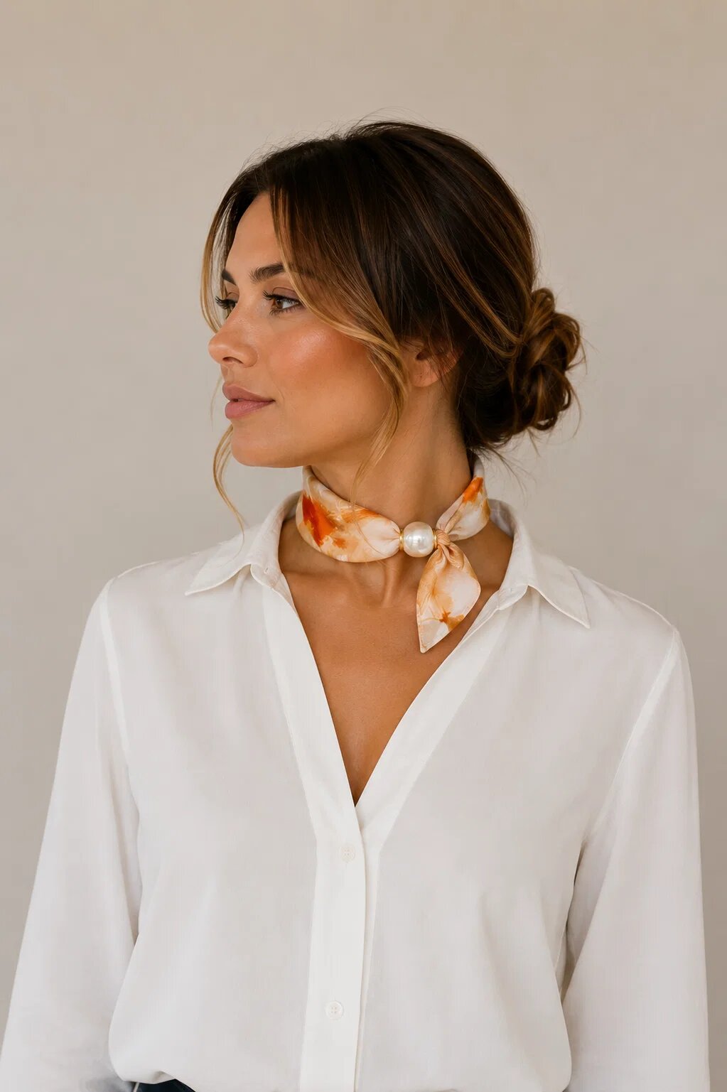 Shopika Esarfa colier satinata cu perla decorativa si inchidere magnetica imprimeu floral in nuante fine de