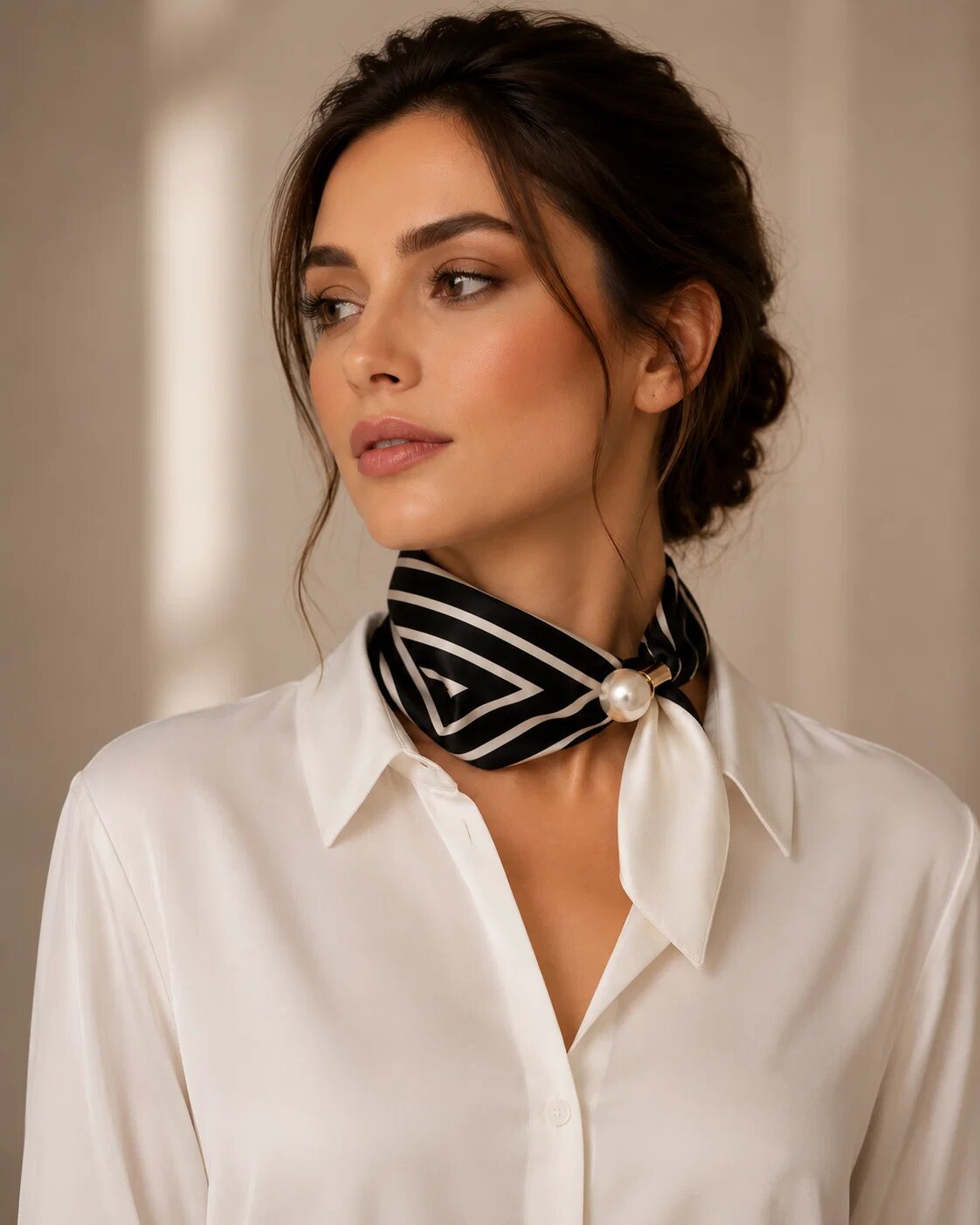 Shopika Esarfa colier satinata cu perla decorativa si inchidere magnetica imprimeu geometric alb pe fond ne