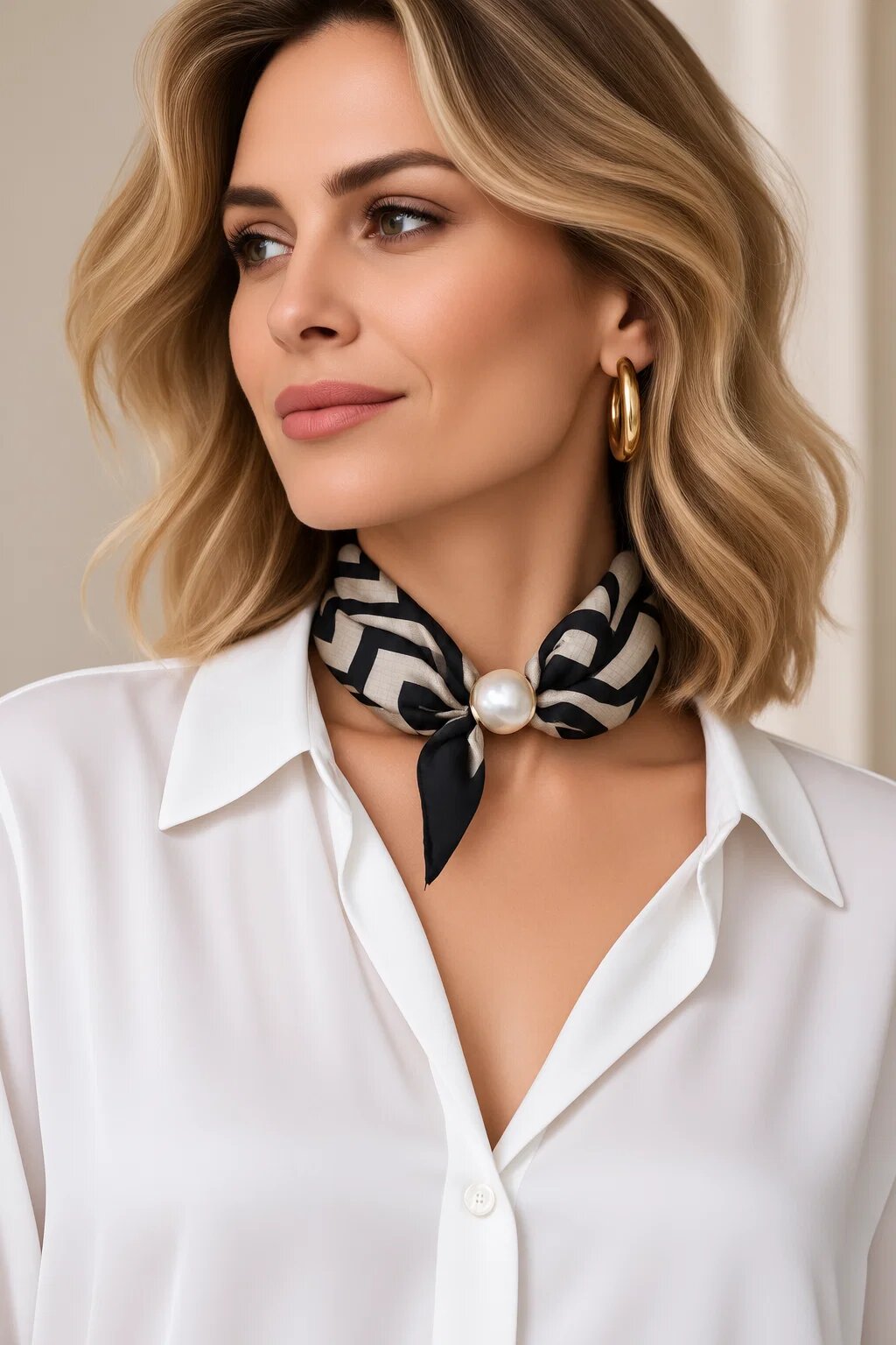 Shopika Esarfa colier satinata cu perla decorativa si inchidere magnetica imprimeu geometric camel si negru