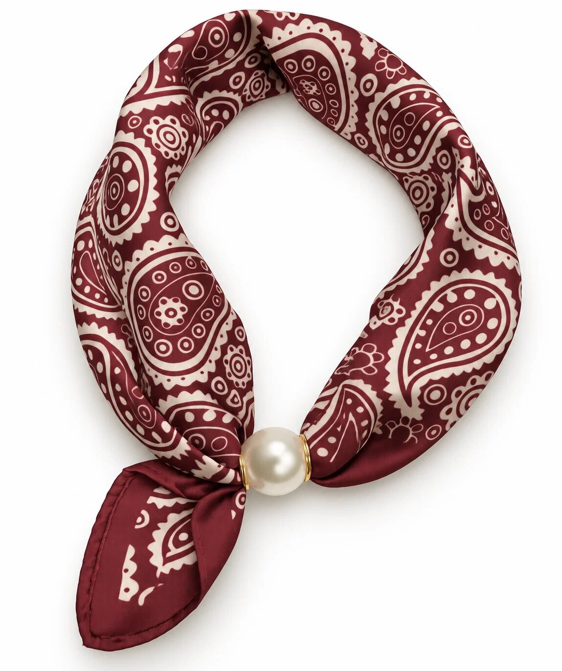 Shopika Esarfa colier satinata cu perla decorativa si inchidere magnetica imprimeu paisley alb cu bordo