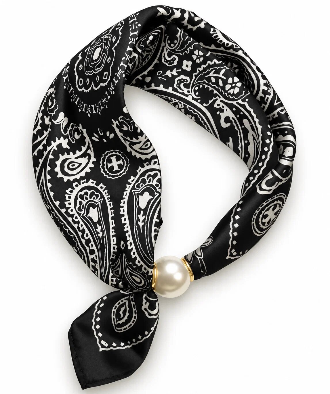 Shopika Esarfa colier satinata cu perla decorativa si inchidere magnetica imprimeu paisley alb cu negru