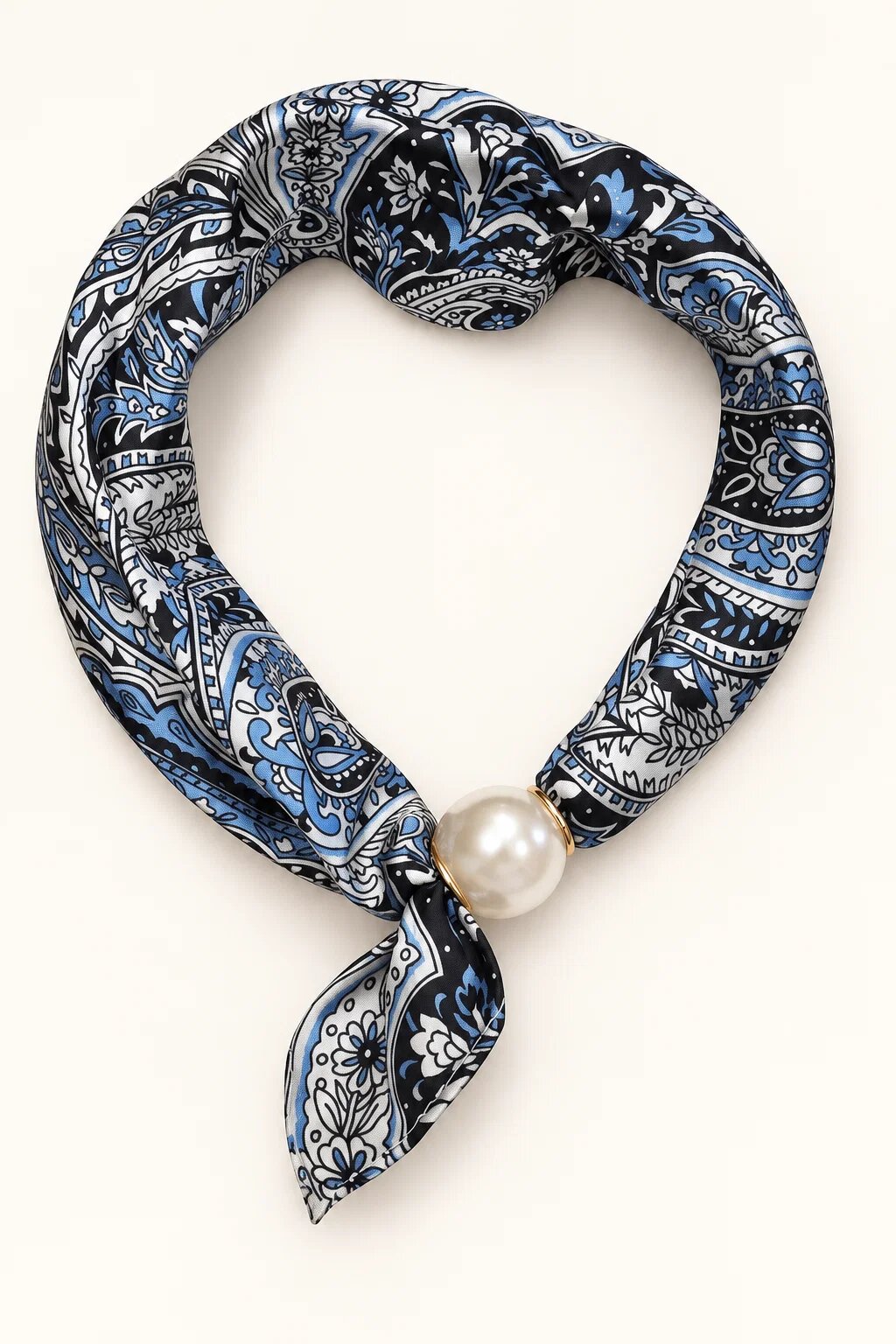 Shopika Esarfa colier satinata cu perla decorativa si inchidere magnetica imprimeu paisley cu bleumarin bl