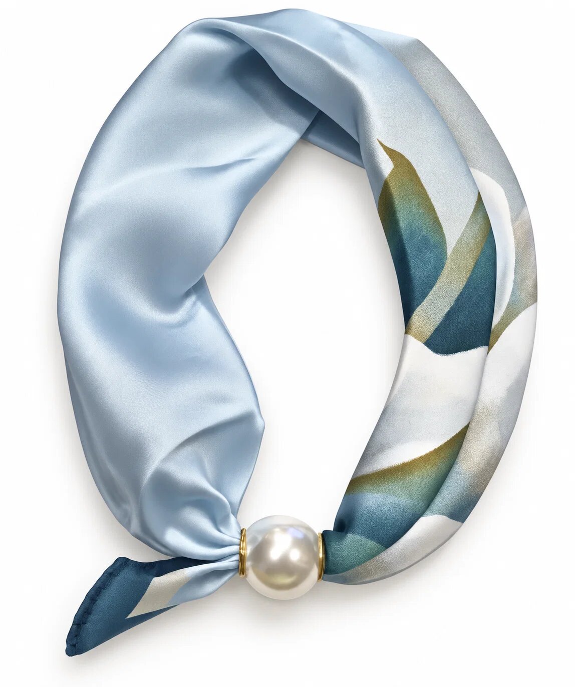 Shopika Esarfa colier satinata cu perla decorativa si inchidere magnetica imprimeu pastelat bleu cu albastr
