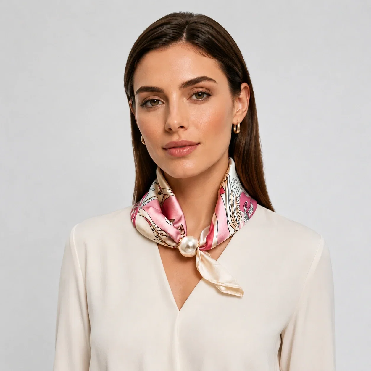 Shopika Esarfa colier satinata cu perla decorativa si inchidere magnetica model floral pe fond alb