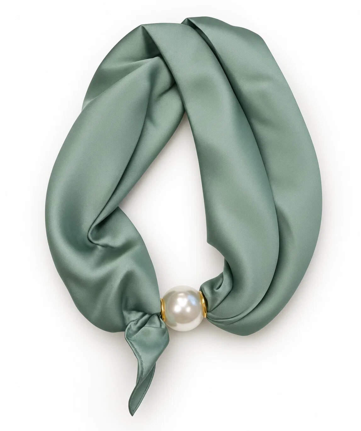 Shopika Esarfa colier satinata cu perla decorativa si inchidere magnetica verde salvie