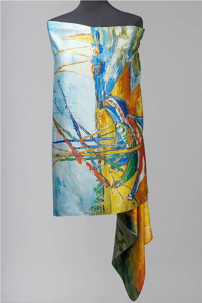 Shopika Esarfa cu doua fete din matase imprimata cu model inspirat dupa Barci pe plaja de Van Gogh