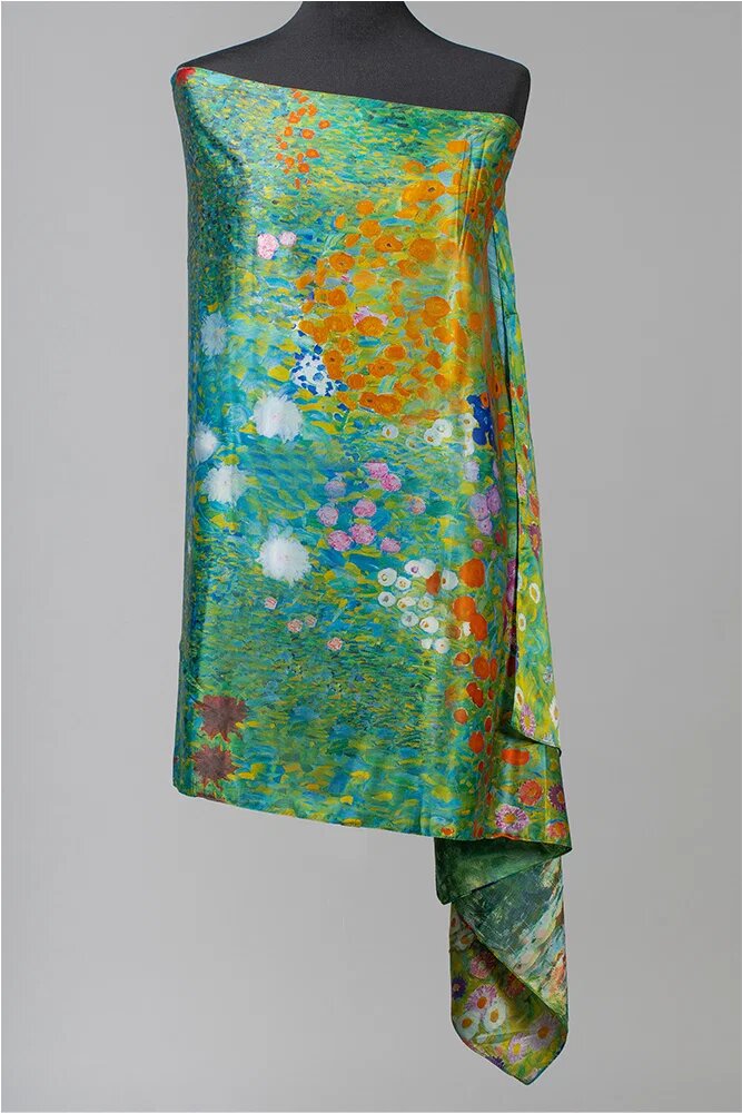 Shopika Esarfa cu doua fete din matase imprimata cu model inspirat dupa Camp cu maci de Claude Monet