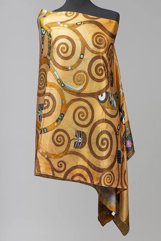 Shopika Esarfa cu doua fete din matase imprimata cu model inspirat dupa Pomul Vietii - Gustav Klimt