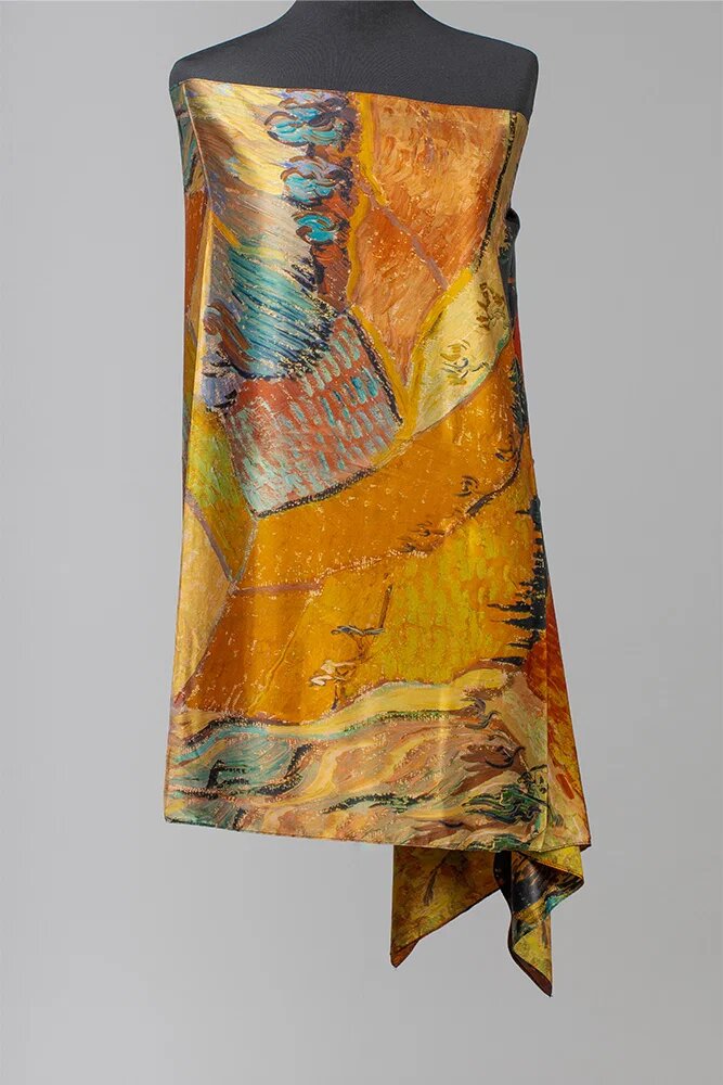 Shopika Esarfa cu doua fete din matase imprimata cu model inspirat dupa un tablou cu lanuri de Van Gogh